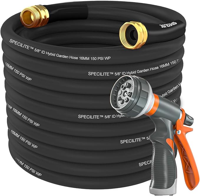 Garden Water Hose 50 ft x 5/8 in Heavy Duty, Flexible and Lightweight, Burst 600 psi, Kink-less Hybrid Rubber Pipe for Backyard, 3/4'' Brass Fittings, Black