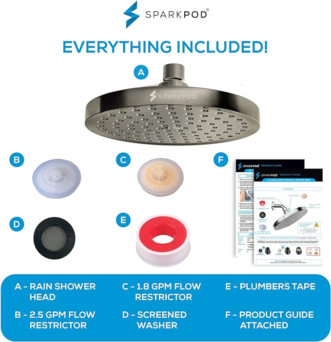 SparkPod Shower Head - High Pressure Rain - Premium Quality Luxury Design - 1-Min Install - Easy Clean Adjustable Replacement for Your Bathroom Shower Heads (Elegant Brushed Nickel, 8 Inch Round)