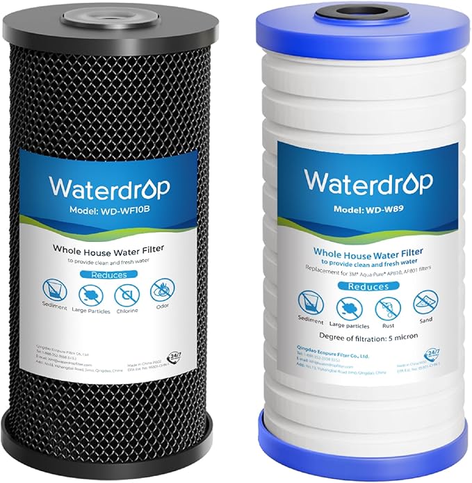 Waterdrop Whole House Water Filter, Carbon Filter Reduce Chlorine,Taste, and Odor Cartridge Replacement for GE GXWH40L, FXHTC, Ispring, Culligan® RFC-BBSA, Whirlpool®, Any 10" x 4.5" System, 5 Micron