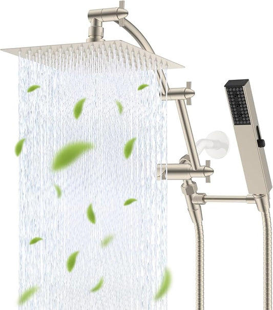 Hibbent All Metal 8'' Rainfall Shower Head, Shower Head Combo, High Pressure Handheld Shower Wand, 4 Sprays, 16'' Adjustable Arc-shaped Extension Arm, 71'' Hose, Showerhead Holder, Brushed Nickel