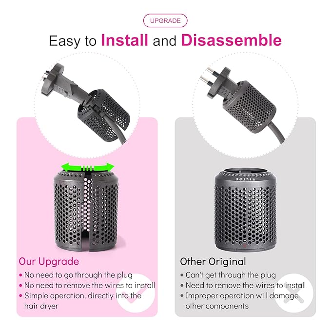 Hair Dryer Inner Filter + Outer Filter Cage Replacement for Dyson Hair Dryer HD01 HD03 HD08 Models, Hair Dryer Filter Mesh Filter Cover Cap Replacement Parts (Metallic Grey)