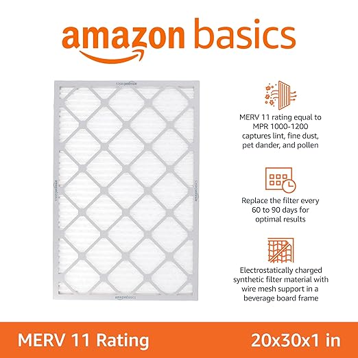 Amazon Basics 20x30x1 Air Filter 6 Pack, MERV 11 AC Furnace Filters (Actual Size: 19.75" x 29.75" x 0.75")