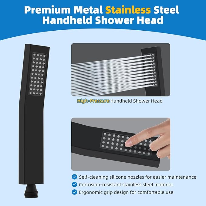 Hibbent All Metal Shower Head, 12'' High Pressure Rainfall Shower Head, Showerhead Combo, Handheld Shower Wand, 12'' Adjustable Curved Shower Extension Arm, 71'' Hose, Shower Head Holder, Matte Black