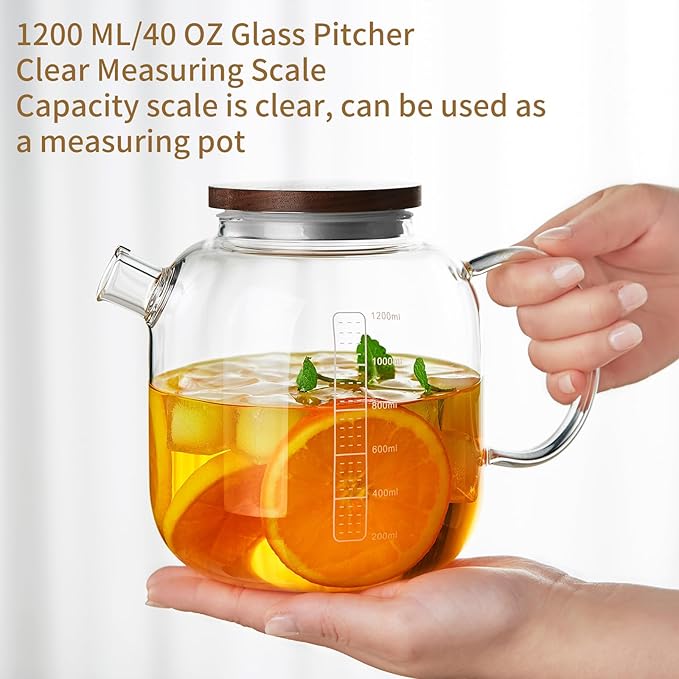 Glass Pitcher with Lid and Spout, 40OZ Glass Water Jug, Glass Carafe for Hot/Cold Water, 1200ml Glass Water Pitcher for Fridge, Glass Teapot, Large Iced Tea Pitcher for Homemade Beverage
