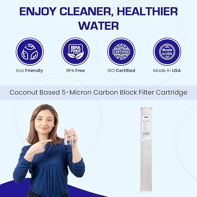 Crystal Quest 5-Micron Carbon Block Filter Cartridge - 2-7/8” x 20” - Coconut-Based Activated Carbon - Reduces Sediment and VOC’s - Sustainable Filtration