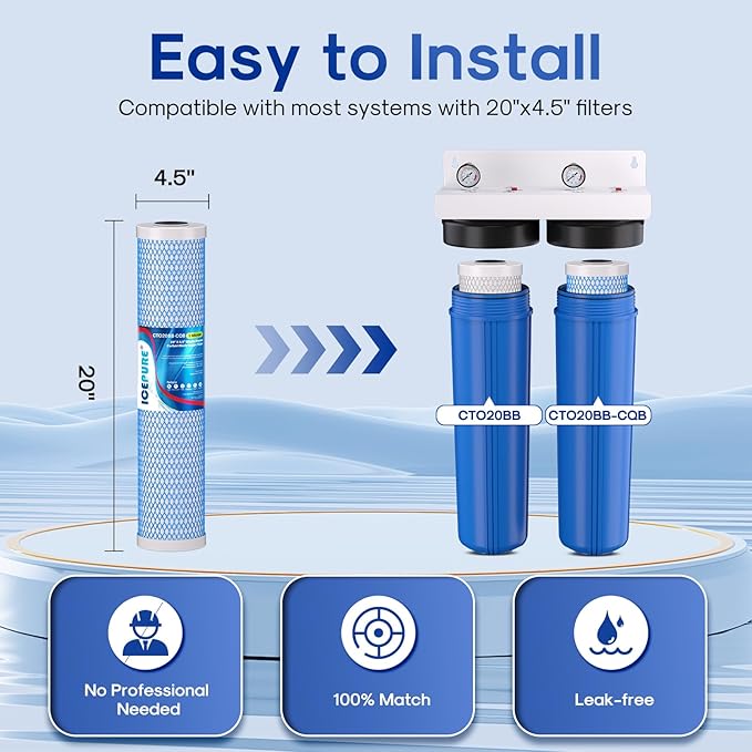 ICEPURE 4.5"x 20" Whole House Water Filter High Capacity Combo Set, Carbon Block Cartridge and Upgraded Activated Carbon Lead Removal Filter Replacement for 20 Inch Water Filter System, Pack of 1