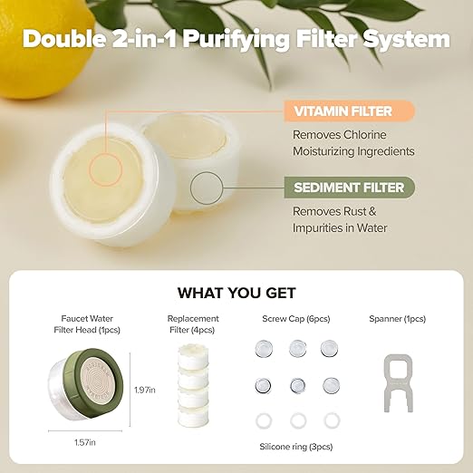 [6 Months Set] Water Filter for Sink Faucet and Replacement Set, Sink Water Filter, Vitamin C Gel, NSF Certified - Removes Impurities, Chlorine and Rust - Skin Hydration, Made in Korea Olive Green