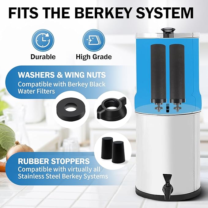 Replacement Kit for Berkey® Water Filter System Elements - 4 wing nut, 4 Washers & 4 water filter hole plugs Compatible with Berkey® Gravity Water Filter System and Black Activated Carbon Filters