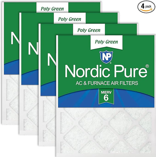 Nordic Pure 12x12x1 (Actual Size: 11 3/4 x 11 3/4 x 3/4) Poly Green MERV 6 AC Furnace Air Filters – Reduces Dust, Pollen, Pet Dander & Allergens – 4-Pack