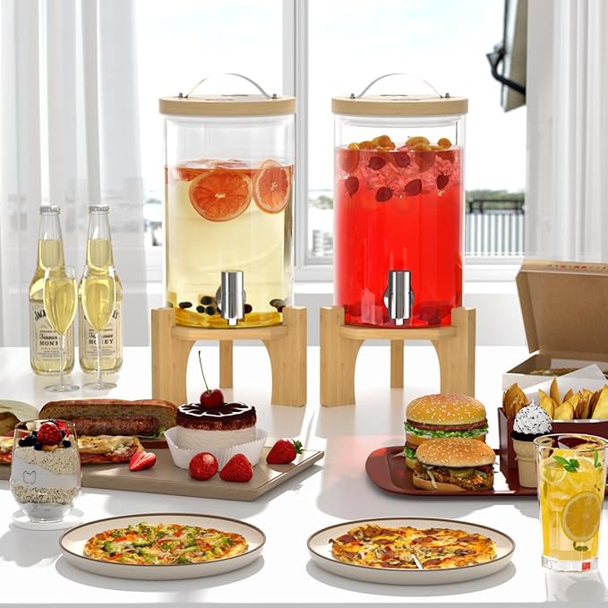 1.2 Gallon Glass Drink Dispenser For Parties, Beverage Dispenser With Bamboo Wood Stand And Stainless Steel Spigot, Countertop Water Dispenser, Lemonade Dispenser For Wedding, Picnic (2PACK)