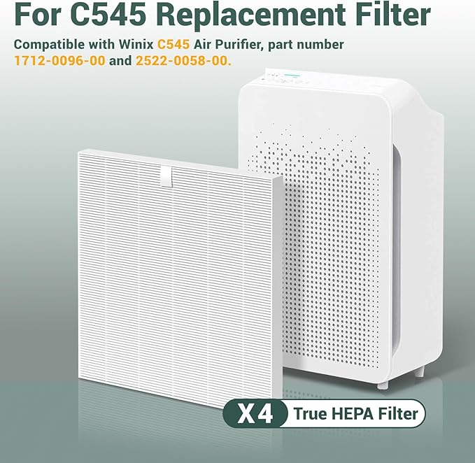 4Pack C545 Ture Hepa Replacement Filter S Compatible with winix C545 Replacement Filter S, For Winix C545 Air Purifier, Part # 1712-0096-00 and 2522-0058-00