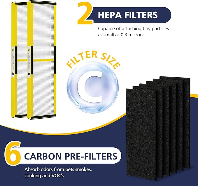 2 Pack FLT5000 HEPA Replacement Filt-er C with 6 Pack Activated Carbon for G-Guardian AC5250PT AC5000 AC5000E AC5300B AC5350B AC5350BCA AC5350W CDAP5500