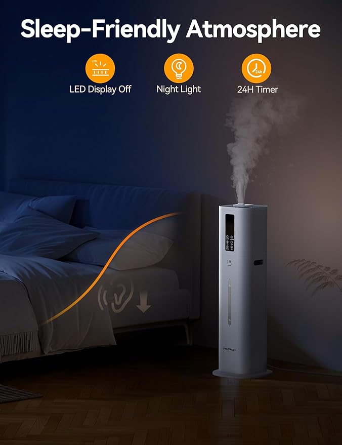 VAGKRI 12L Large Room Humidifier, 120H Long Lasting Cool Mist, 3 Mist Levels, Auto Humidity Adjustment, Top Fill Design with Essential Oil Tray for Bedroom, Home, Plants, Baby