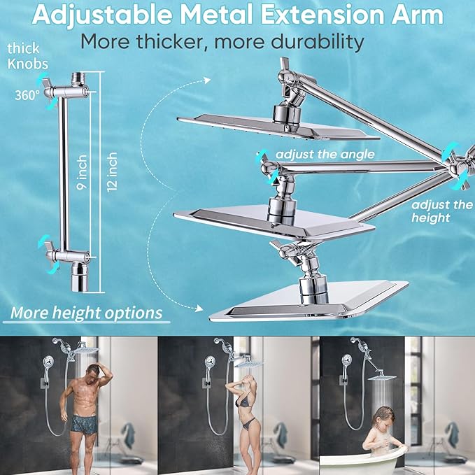 8'' Dual 20 Stage Filtered Shower Head with Handheld, 6 Spray Settings Handheld Shower Head High Pressure Rainfall Filter Combo with 12'' Adjustable Extension Arm, 71'' Shower Hose (Chrome Polished)