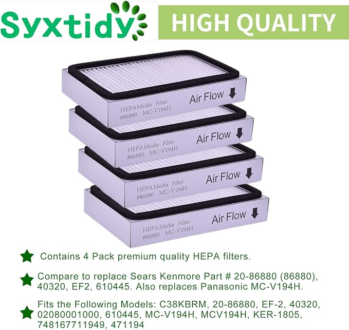 HEPA Filter Replacement for Kenmore EF-2, 86880, 20-86880, 40320, 610445, Panasonic MC-V194H, 4 Pack, White