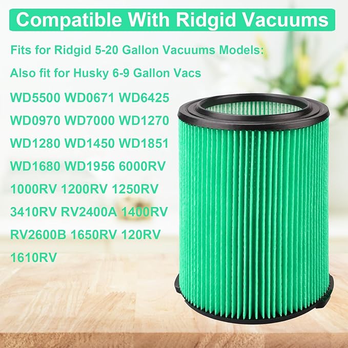 VF6000 Replacement Filter for Rigid, Compatible with 5-20 Gallon Wet/Dry Vacuums WD5500 WD0671 WD6425 WD7000 WD1280 WD1851 WD1680 WD1956 RV2400A 1400RV RV2600B, Fit for Husky 6-9 Gallon Vacs (2 Pack)