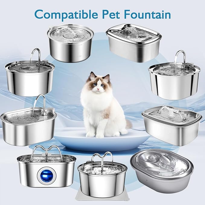 16 Pcs Cat Water Fountain Filters, Cat Fountain Filter Replacement for 108oz/3.2L & 67oz/2L Stainless Steel Dog Water Fountain Automatic Pet Fountains, 3 Filtration System (8 Filters & 8 Sponges)