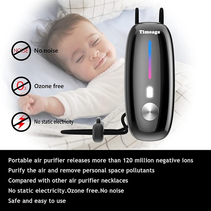 Portable Air Purifier,Timeage Personal Air Purifier Necklace, Wearable Mini Air Ionizer Eliminates Pollen,Smoke,Dust for Outdoor,Travel(Black)