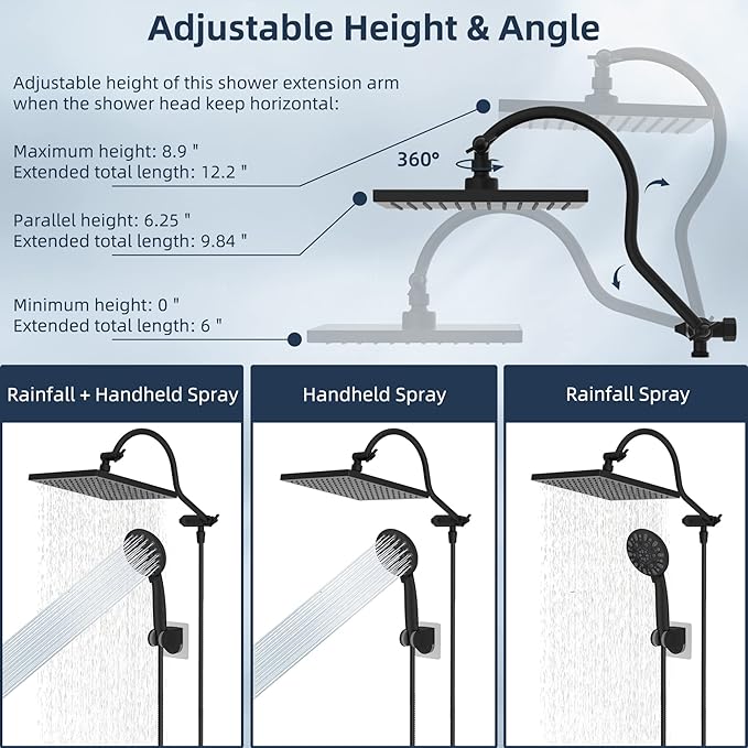 Hibbent 10 Inch High Pressure Rainfall Shower Head/Handheld Showerhead Combo with 12 Inch Adjustable Curved Shower Extension Arm,7-Spray,71-inch Hose Adhesive Showerhead Holder,Matte Black