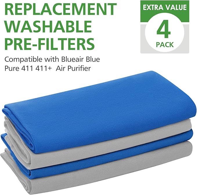 4 Pack 411 Replacement Washable Pre-Filters for Blueair Blue Pure 411, 411+, 411 Auto and Mini Air Purifier, Removes Pollen, Dust, Pet Dander,2 X Lunar Rock+2X Diva Blue