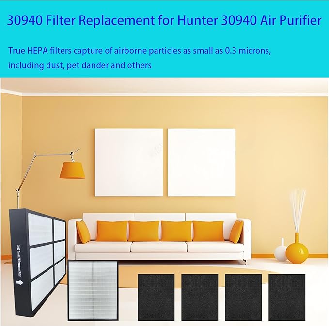 30940 Filter Replacement for Hunter 30940 Air Purifier, Models: 30210/30214/30215/30216/30225/30244/30245/30260/30398/30400/30401/30402/30525/36260/36395/37225, 1 Filter + 4 Prefilter