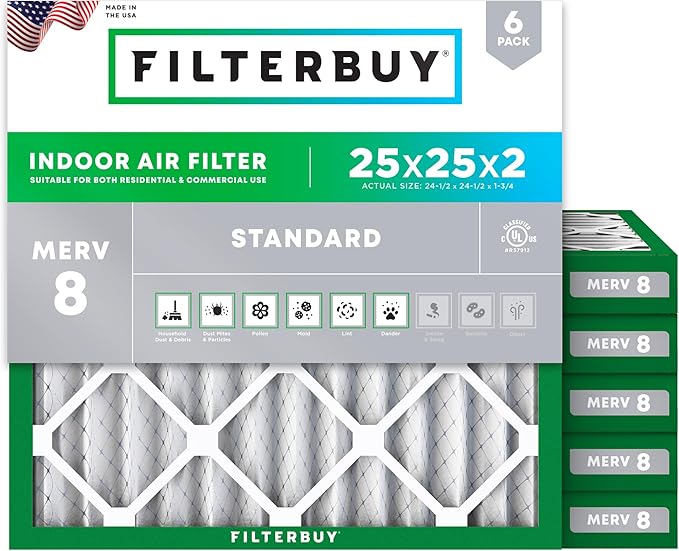Filterbuy 25x25x2 Air Filter MERV 8 (MPR 700) Dust Defense Replacement (6-Pack), Electrostatic Pleated HVAC AC Furnace Filters, Made in USA (Actual Size: 24.50 x 24.50 x 1.75)