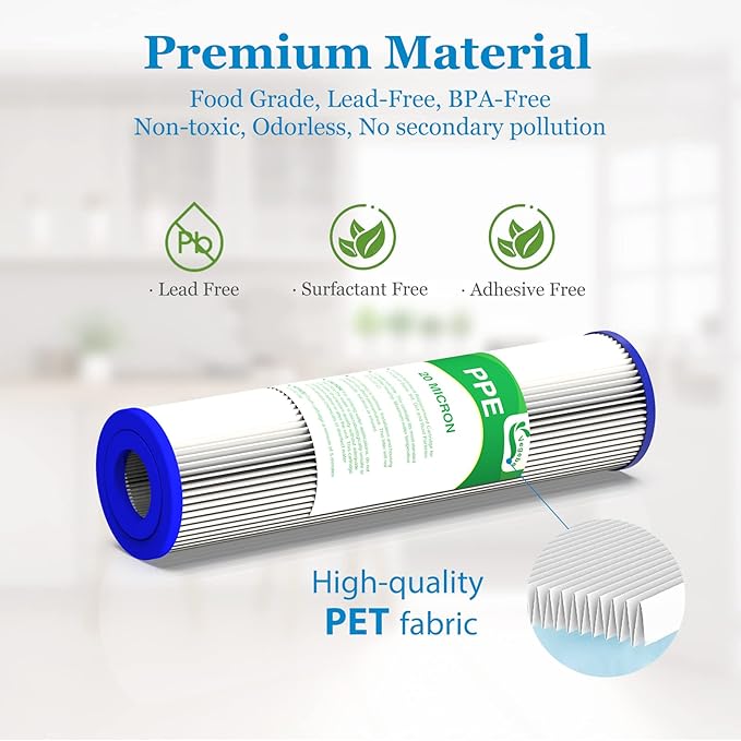 20 Micron Water Filter 10" x 2.5", 10-inch Whole House Sediment Pre-Filters for Well & Tap water, Replacement Cartridge for FXWPC, EQ-PFC35, ECP5-10, S1, 3WH-STDPL-F02, SPC-25-1005, 6-Pack