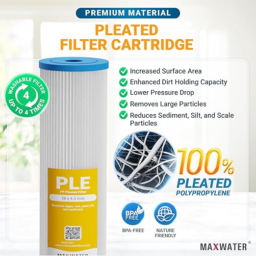 20 x 4.5 Whole House 1 Stage PP Pleated Sediment Filter System w/ 1" NPTF Port Housing Head Includes 10 Micron Pleated Sediment filter, Gauge & Bracket BB-20B WH100SP WDS150K CB1-CAB20-BB DB20P