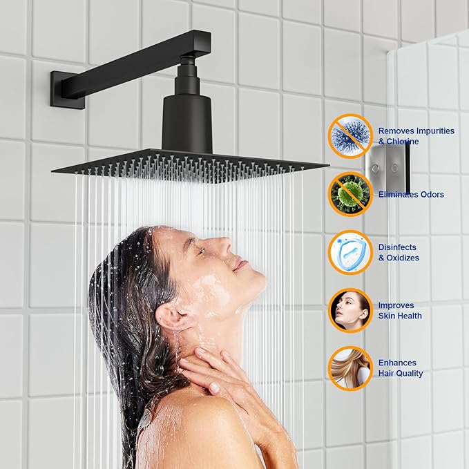 Dcolora Filtered Rain Shower Head – 12 Inch Matte Black 304 Stainless Steel with 16-Stage Water Filter, Nano Titanium Coating, Improves Skin & Hair – Filter Cartridge Included (Black, 12 Inch)