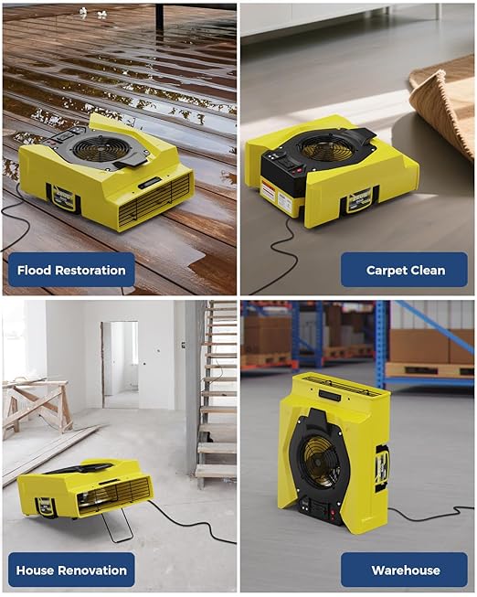 ALORAIR Zeus 900 Air Mover Commercial Blower for Carpets, Walls, Plumbing Use, Variable Speed Floor Blower Fan, 950 CFM with 1.8 Amps, Circuit Breaker Protection,on-Board Duplex GFCI, Yellow