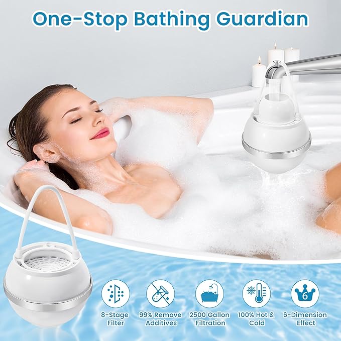 Bath Filter for Tub,Bath Water Filter for Softer Hair&Skin, 8 Stage Filtration bathtub water filter 2,500 Gallons Capacity, 6 Dimensional effect，BPA Free Easy to Install for Home, Hotels&Spa（White）