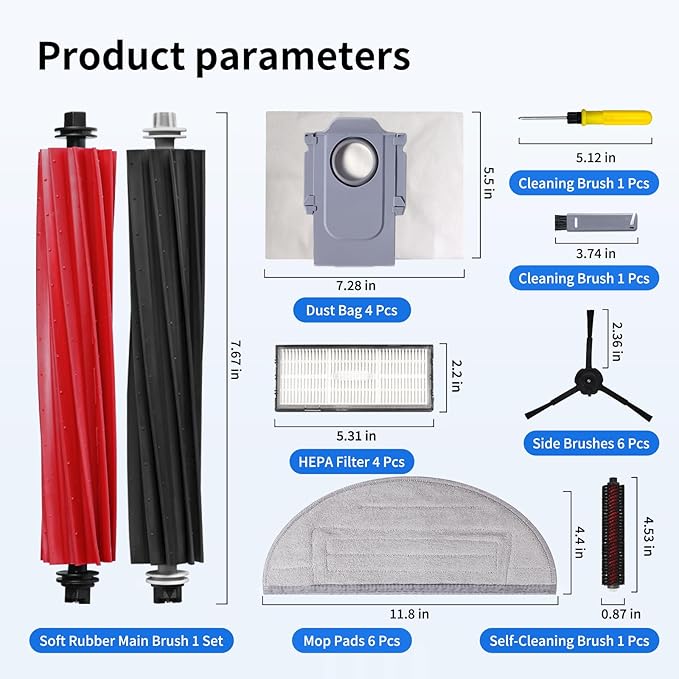 21 PCS Accessories Kit Compatible with Roborock S8 Pro Ultra Robot Vacuum Cleaner,6 Side Brushes,4 HEPA Filters,4 Dust Bags,1 Cleaning Brush,2 Main Brushes,4 Mop Pads,2 Tools
