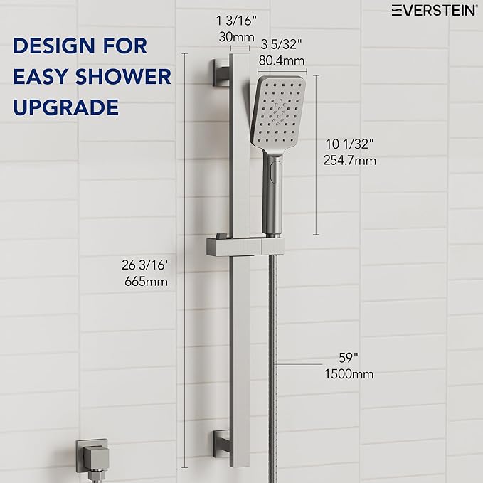 EVESTEIN Adjustable Hand Held Shower with Slide Bar, 3-Function Handshower Head with Hose, Brushed Nickel