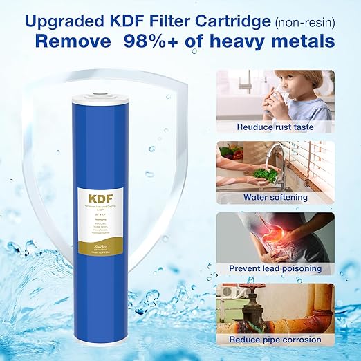 SimPure Whole House Water Filter System, 3 Stages Clear Home Water Pre-Filtration with Carbon Sediment and KDF Filters, Reduce Iron, Chlorine, Manganese, Lead...(DB20P-3KDF)