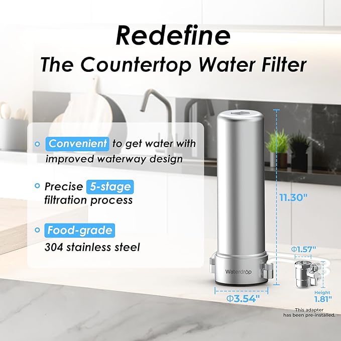 Waterdrop Water Filter for Sink Faucet, NSF/ANSI 42 Certified Countertop Water Filter System, 5-Stage Stainless Steel Faucet, 8000 Gallons, Reduces Heavy Metals and 99% Chlorine, WD-CTF-02(1 Filter)