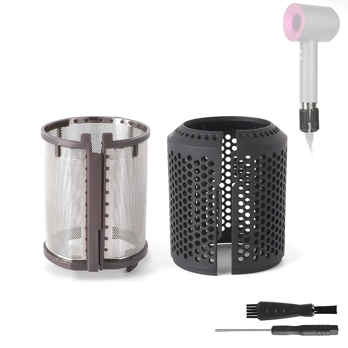 Hair Dryer Inner Filter + Outer Filter Cage Replacement for Dyson Hair Dryer HD01 HD03 HD08 Models, Hair Dryer Filter Mesh Filter Cover Cap Protect Attachments Easy Disassembly (Grey)
