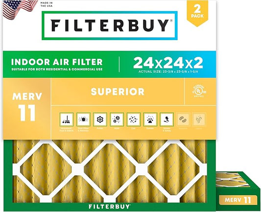 Filterbuy 24x24x2 Air Filter MERV 11 (MPR 1200) Allergen Defense Replacement (2-Pack), Electrostatic Pleated HVAC AC Furnace Filters, Made in USA (Actual Size: 23.38 x 23.38 x 1.75)