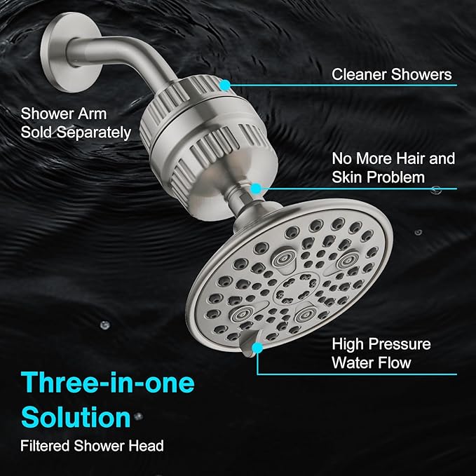 Cobbe 6-Setting High Pressure Filtered Shower Head Combo, Detachable Rain Shower Head with 20 Stage Shower Head Filter for Hard Water - Remove Chlorine and Harmful Substances, Brushed Nickel