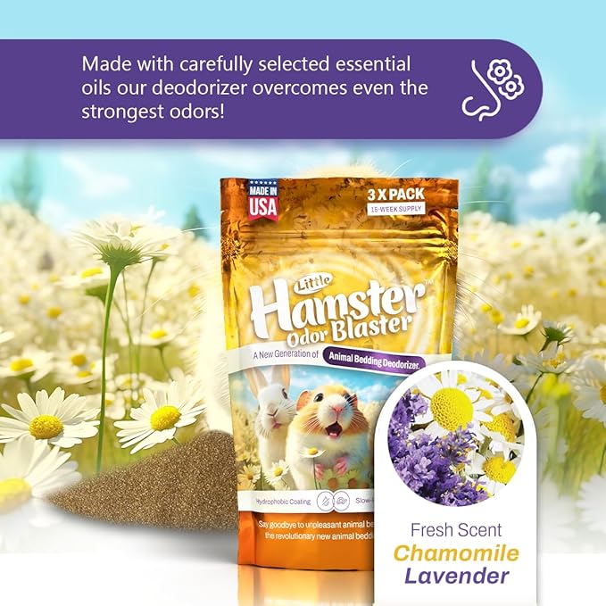 Hamster Odor Blaster | a New Generation Of Animal Bedding Deodorizer | Unique Slow Release Formula | Natural Fresh Scent - Lavender & Chamomile | Up to 15 Weeks Supply | 3 x 0.5oz bags