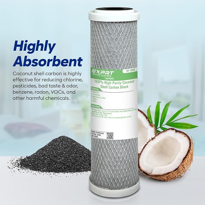 RF-1010 2.5” x 10", 5 Micron, Universal Fit – Reduces 99% of Chlorine, Bad Taste & Odor – Made from 100% High-Purity Coconut Shell Carbon