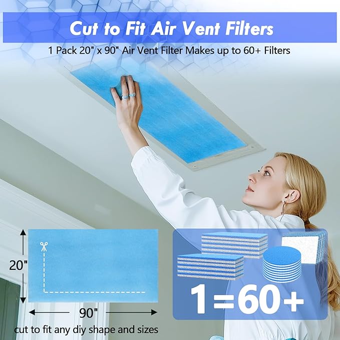 Air Vent Filter Kit - 20" x 90" Cut to Fit Air Filter Materials MERV 8 Electrostatic Media Roll for Home Floor, Ceiling, AC, HVAC, RVC Furnace Vents, With 48PCs Adhesive Hook Tape