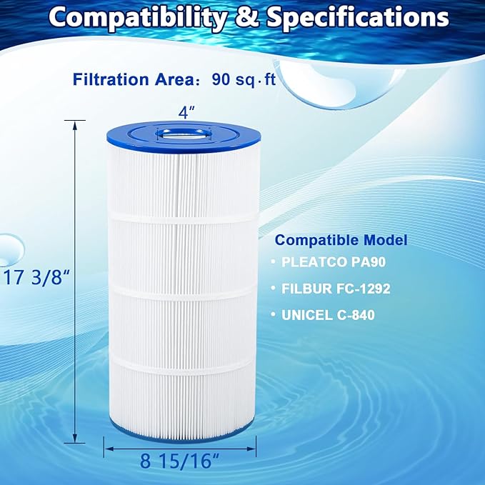 Pool Filter C900 Pool Filter Cartridge Compatible with Hayward CX900RE, PA90, C900, Unicel C-8409, Filbur FC-1292, Sta-Rite PXC95, 90 sq.ft, 1 Pack