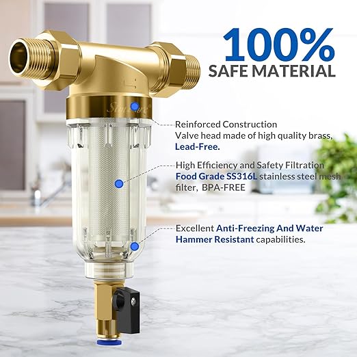 SimPure 100/500 Micron Spin Down Sediment Filter, Reusable Whole House Sediment Water Filter, Pre-Filtration System for City/Well water, 1" MNPT + 3/4" FNPT + 3/4"MNPT, BPA Free