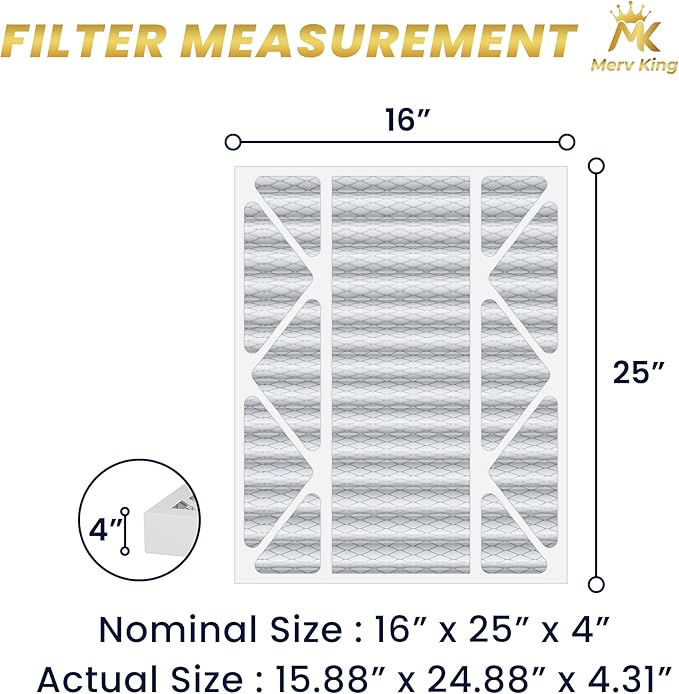 MervKing 16x25x4 Air Filter Actual Size: 15.88" x 24.88" x 4.31" MERV 8 MPR 600-700 | MADE IN USA | 4-Pack | Pleated HVAC AC Furnace Replacement