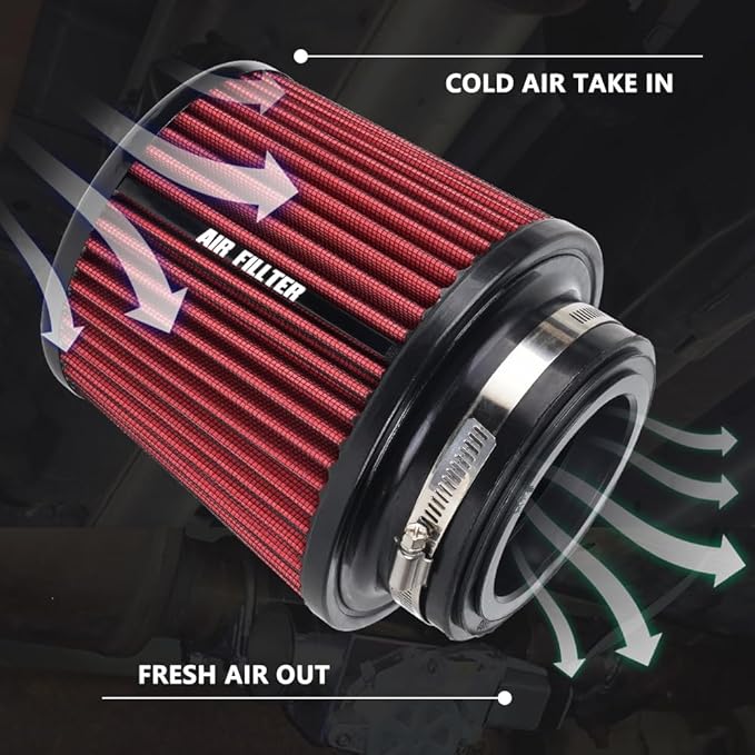 4-Inch Cold Air Intake Filter - Washable, High Performance, 3" or 3-1/2" or 4" Clamp-On Replacement Cone Air Filter Universal 3 Sizes in 1 Red