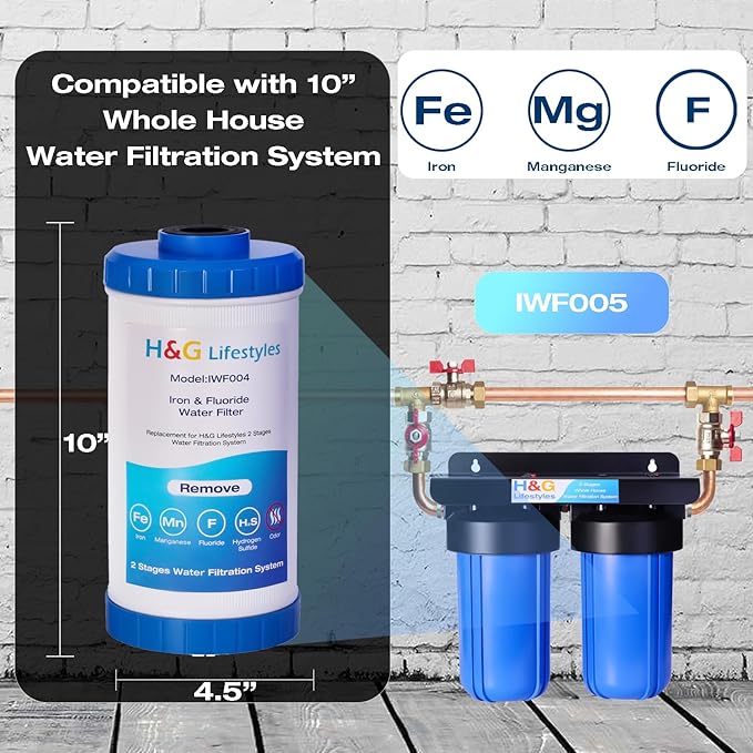 H&G Lifestyles Whole House Water Filter for Well Water,Reduce Iron Manganese Fluoride GAC KDF Water Filer Cartridge, Chlorine Odor Heavy Metal Lead, Replacement for Any 10" x 4.5" Water Filter System