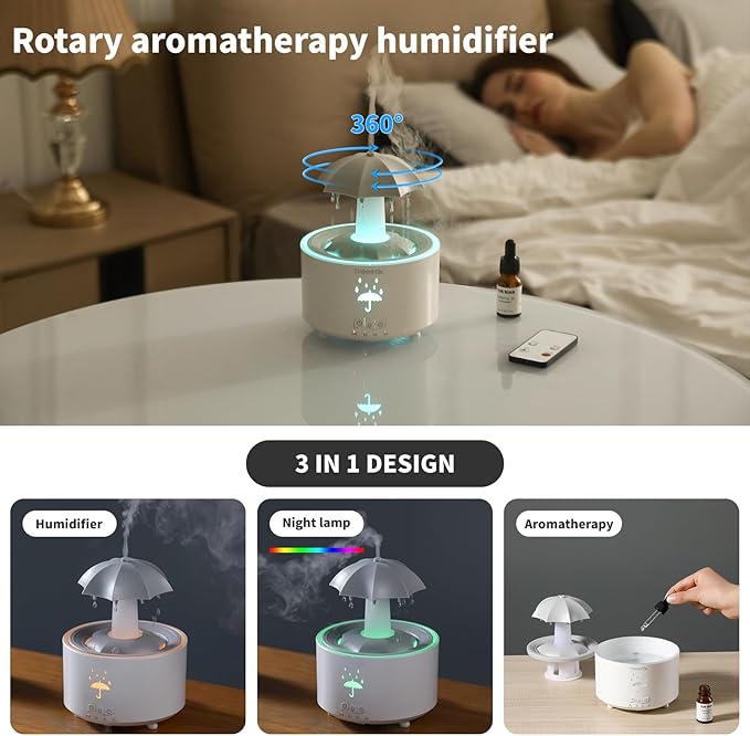 Humidifiers for Bedroom,Aromatherapy Essential Oils Diffuser,Quiet Ultrasonic Clouds and Cool Mist Humidifier, 7 Colors Breathing LED Light,Rotating Umbrella Rain Drops,Ideal Holiday Gifts for Home