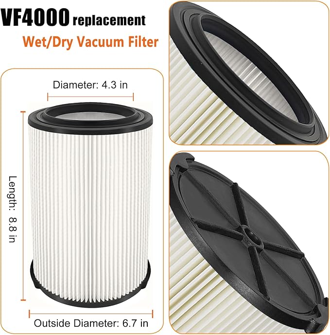 VF4000 Replacement Filter for Ridgid Shop Vacuums 5-20 Gallon, Universal VF4200 Filter Fits Rigid Wet Dry Vac/Husky Shop Vacuum Filter 6-9 Gallon with Foam Sleeves-2 Pack
