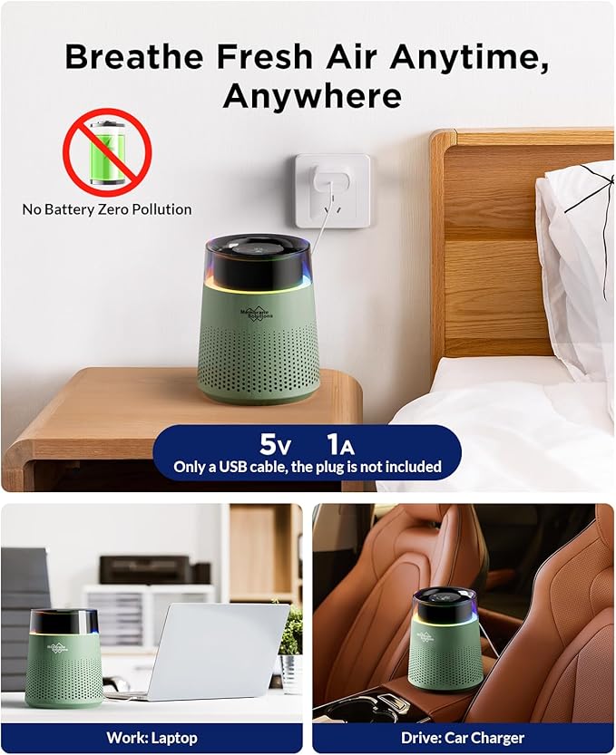 MSB5 Air Purifiers for Bedroom, H13 True HEPA Air Purifier for Home Room Office, 20dB Quiet Air Cleaner with Sleep Mode Colorful Night Light for Pets Dander Pollen Mold (Green)