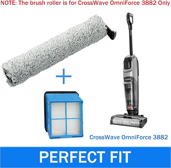 Crosswave Omniforce Replacement Parts, Roller Brush & Filters Kit for BISSELL Crosswave (Model 3882/3883/ OmniFind 3967F/ 3970F) Vacuum Cleaner - 2 Rolls, 2 Filters, 1 Tool Brush